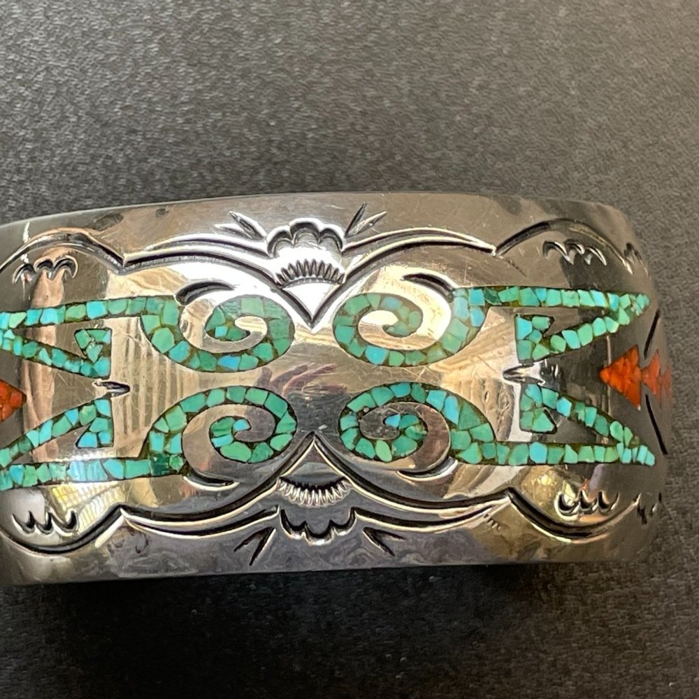 Vintage Silver Turquoise & Coral Inlay Cuff by Alfred Joe Navajo Tribe - Picture 3 of 16